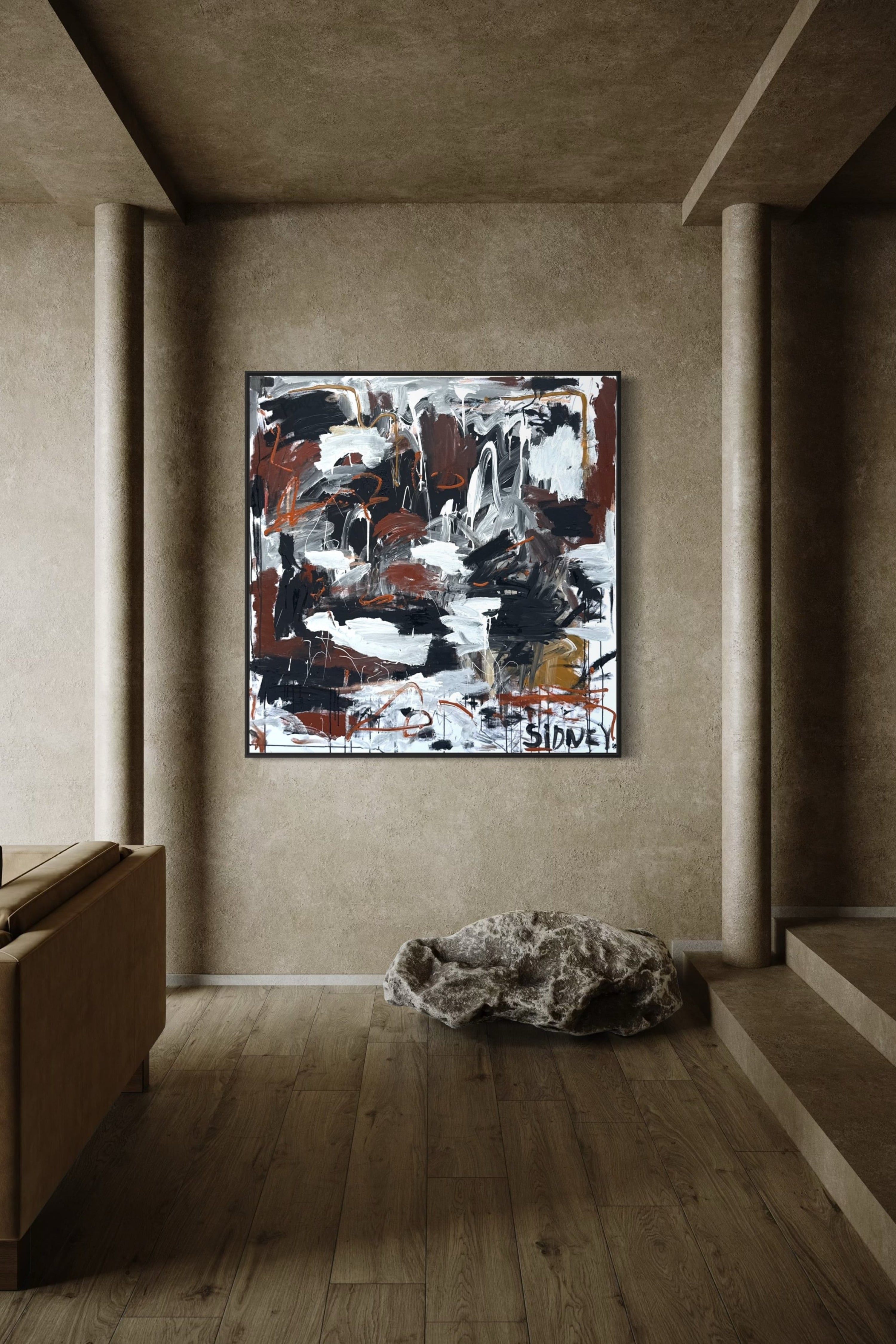 Subtle, neutral toned abstract artwork in a chic hallway, blending seamlessly with contemporary luxury design.