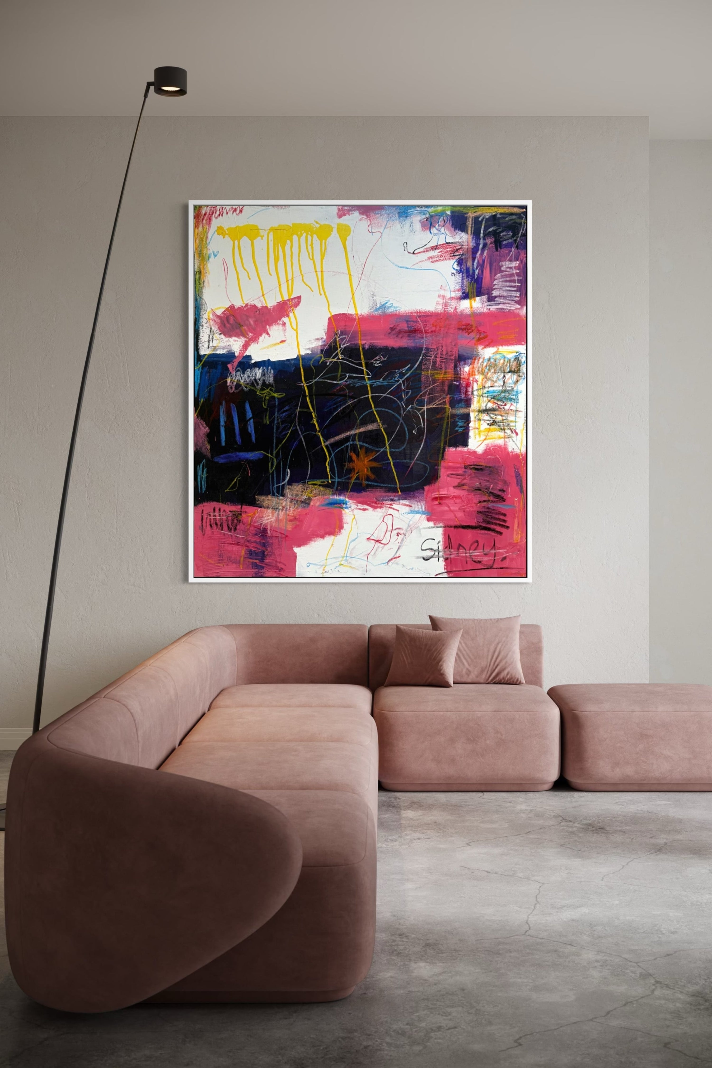Expressive, bold abstract artwork in a sophisticated living room, blending modern luxury with artistic flair.
