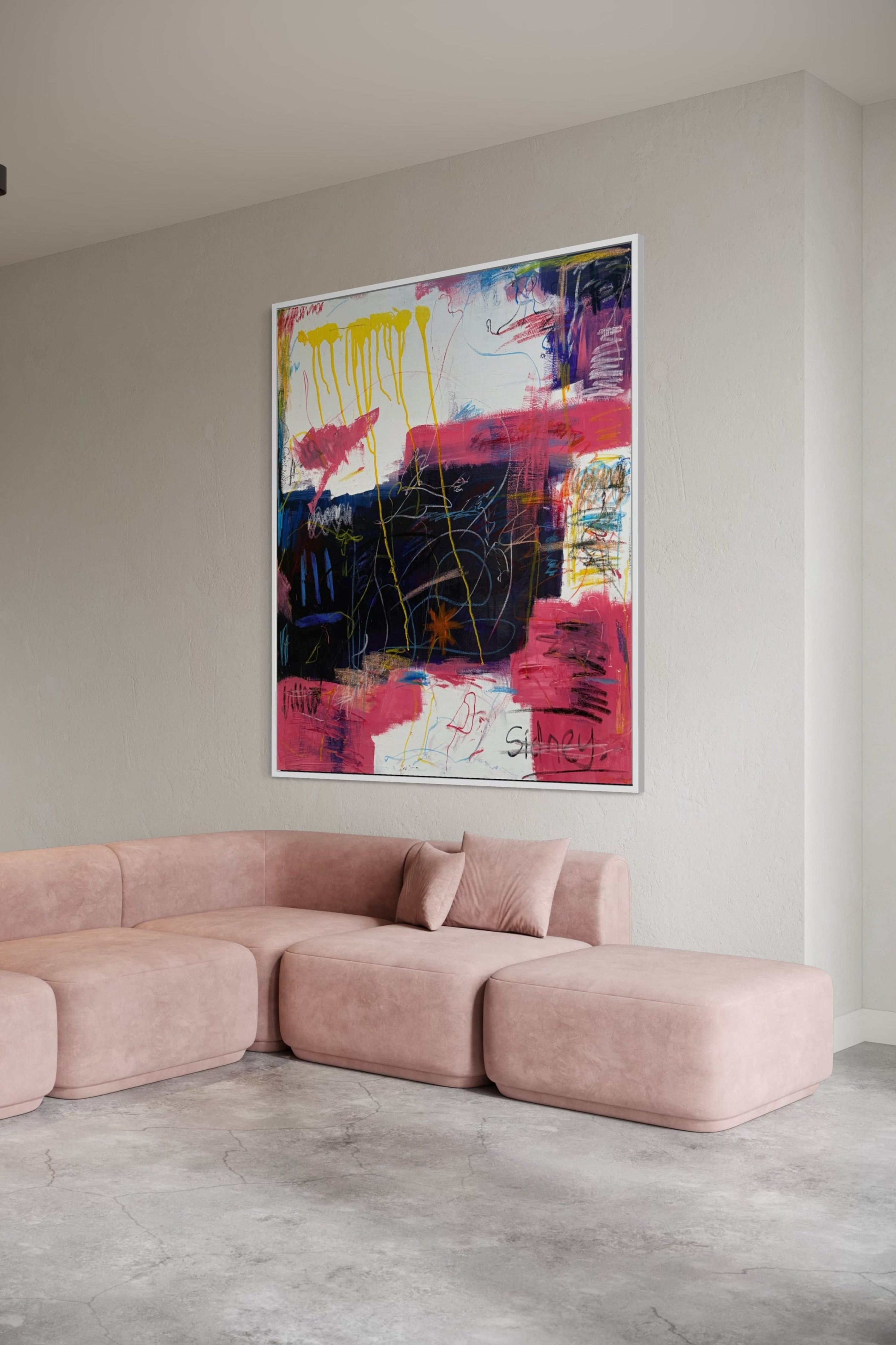 Expressive, bold abstract artwork in a sophisticated living room, blending modern luxury with artistic flair.