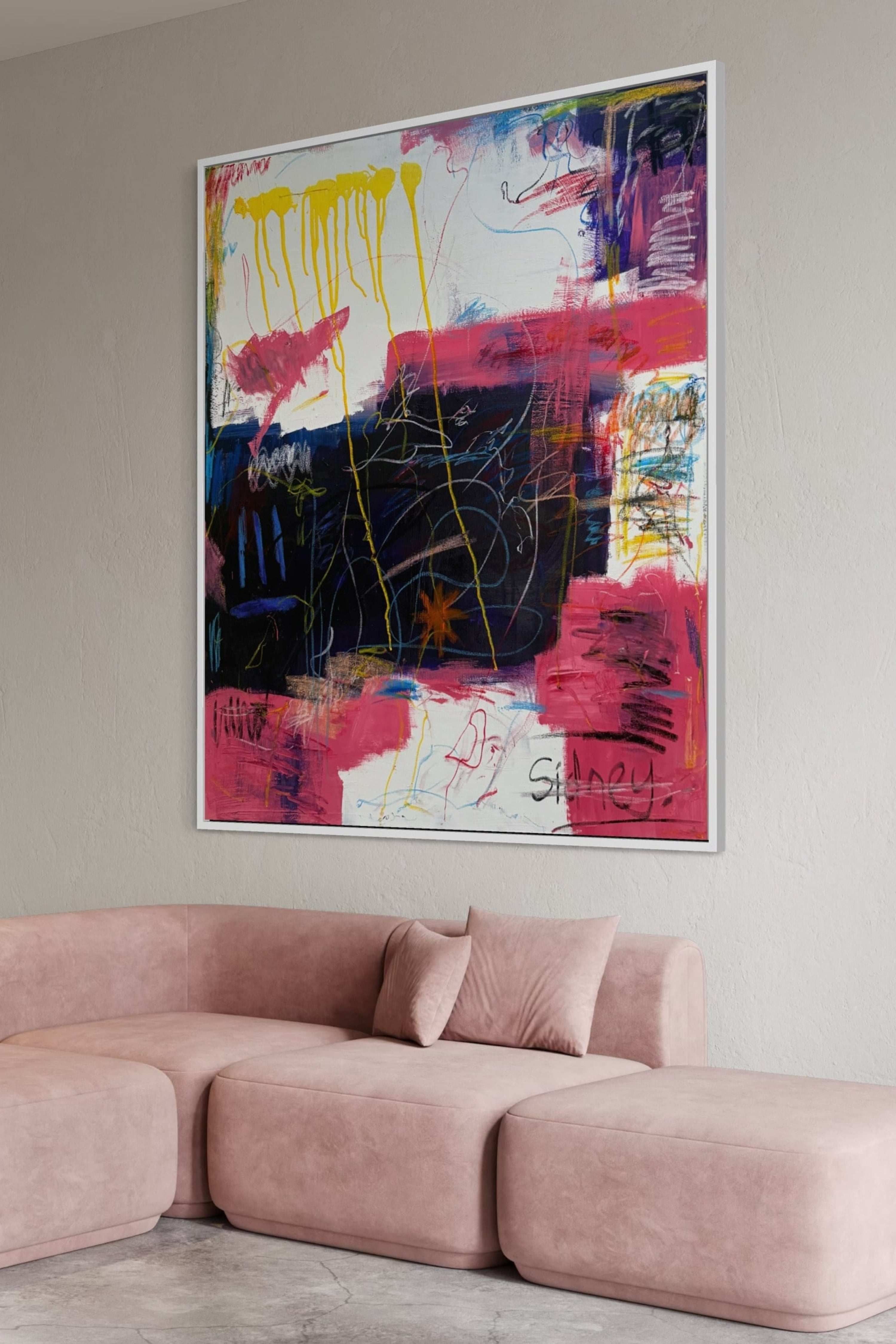 Expressive, bold abstract artwork in a sophisticated living room, blending modern luxury with artistic flair.