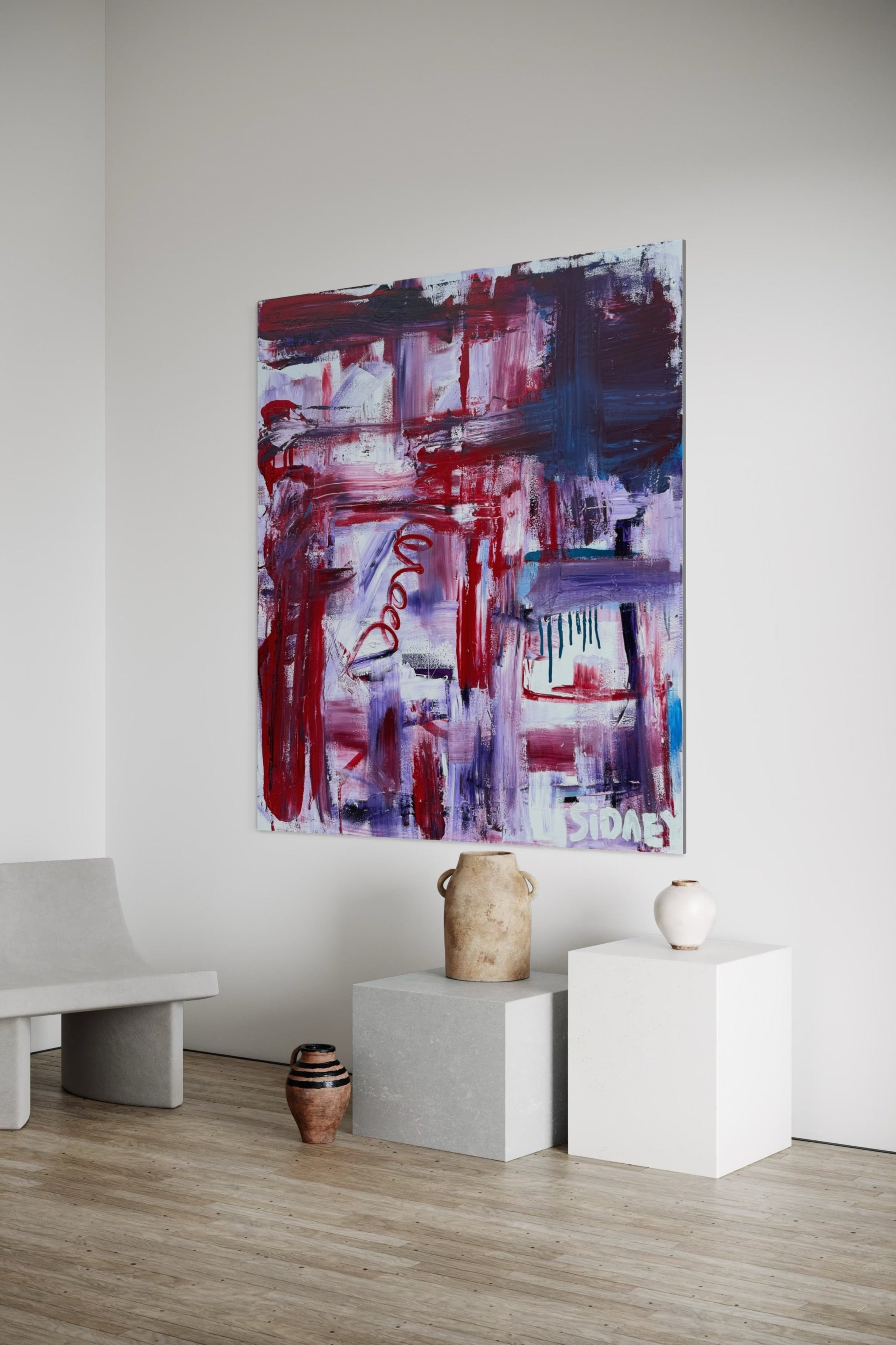 Bold and vibrant abstract expressionist art in a luxurious living room, enhancing the modern, elegant atmosphere.