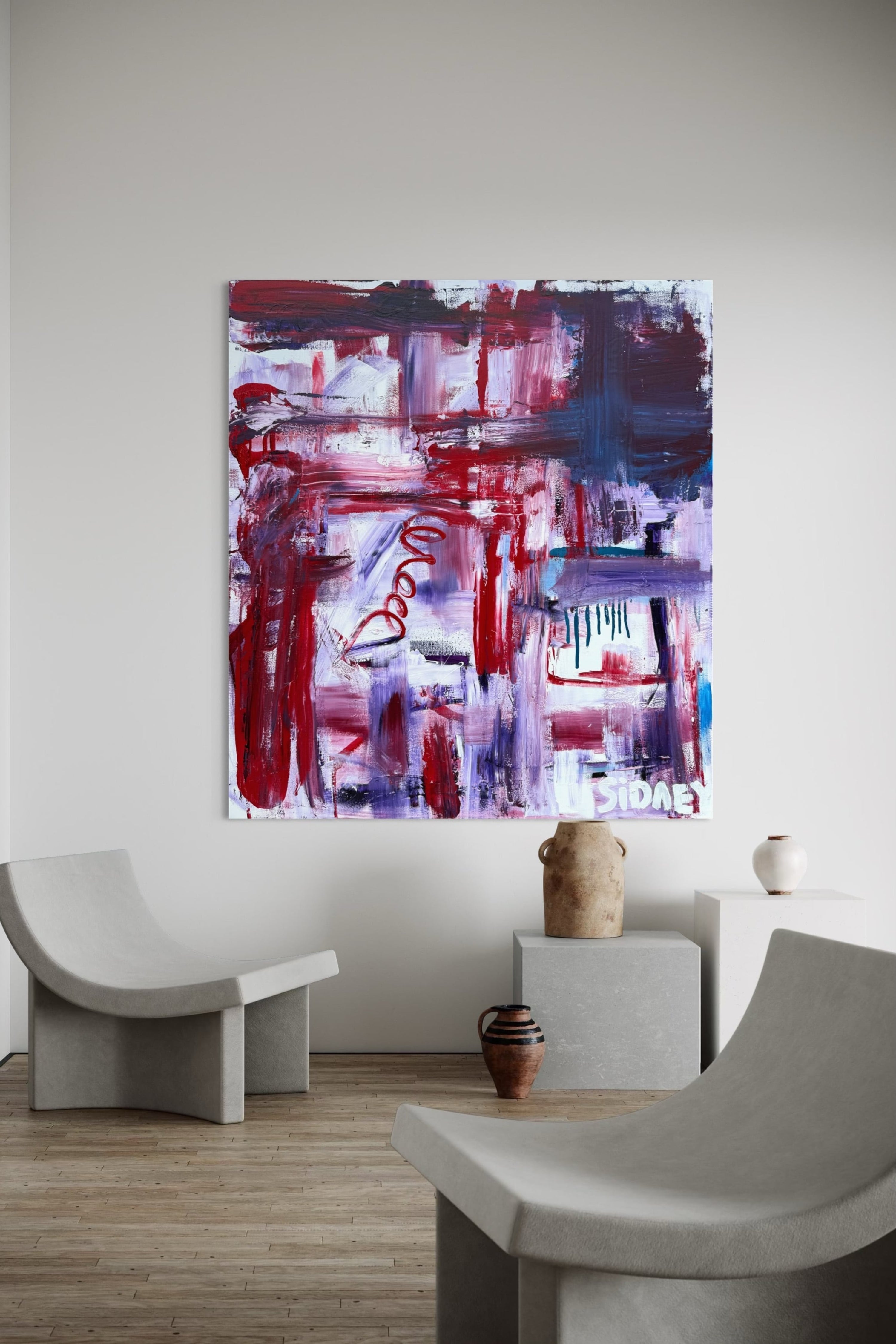 Bold and vibrant abstract expressionist art in a luxurious living room, enhancing the modern, elegant atmosphere.