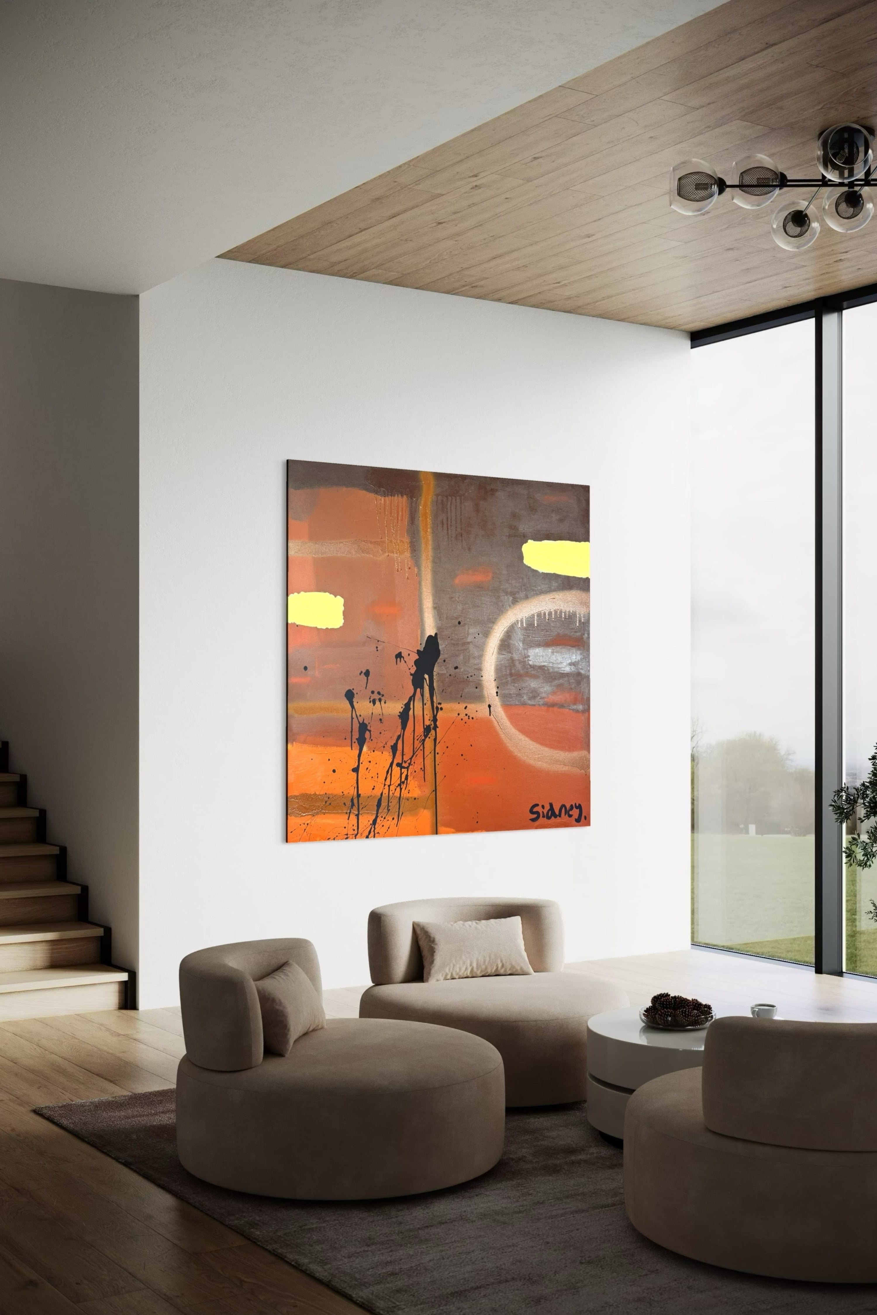 Subtle abstract expressionist artwork with neutral tones in a modern living room, perfectly complementing the luxury home’s design.