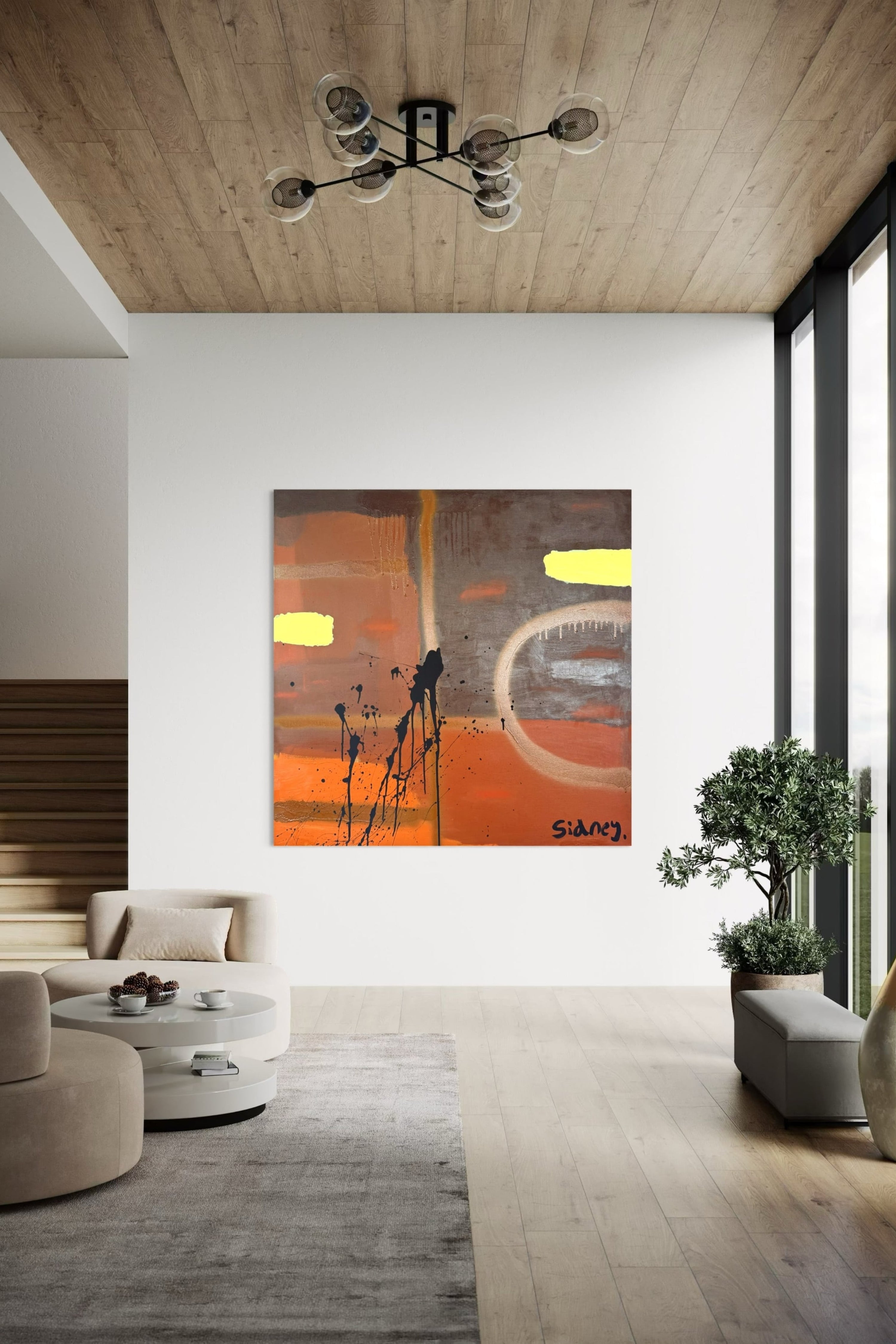 Subtle abstract expressionist artwork with neutral tones in a modern living room, perfectly complementing the luxury home’s design.
