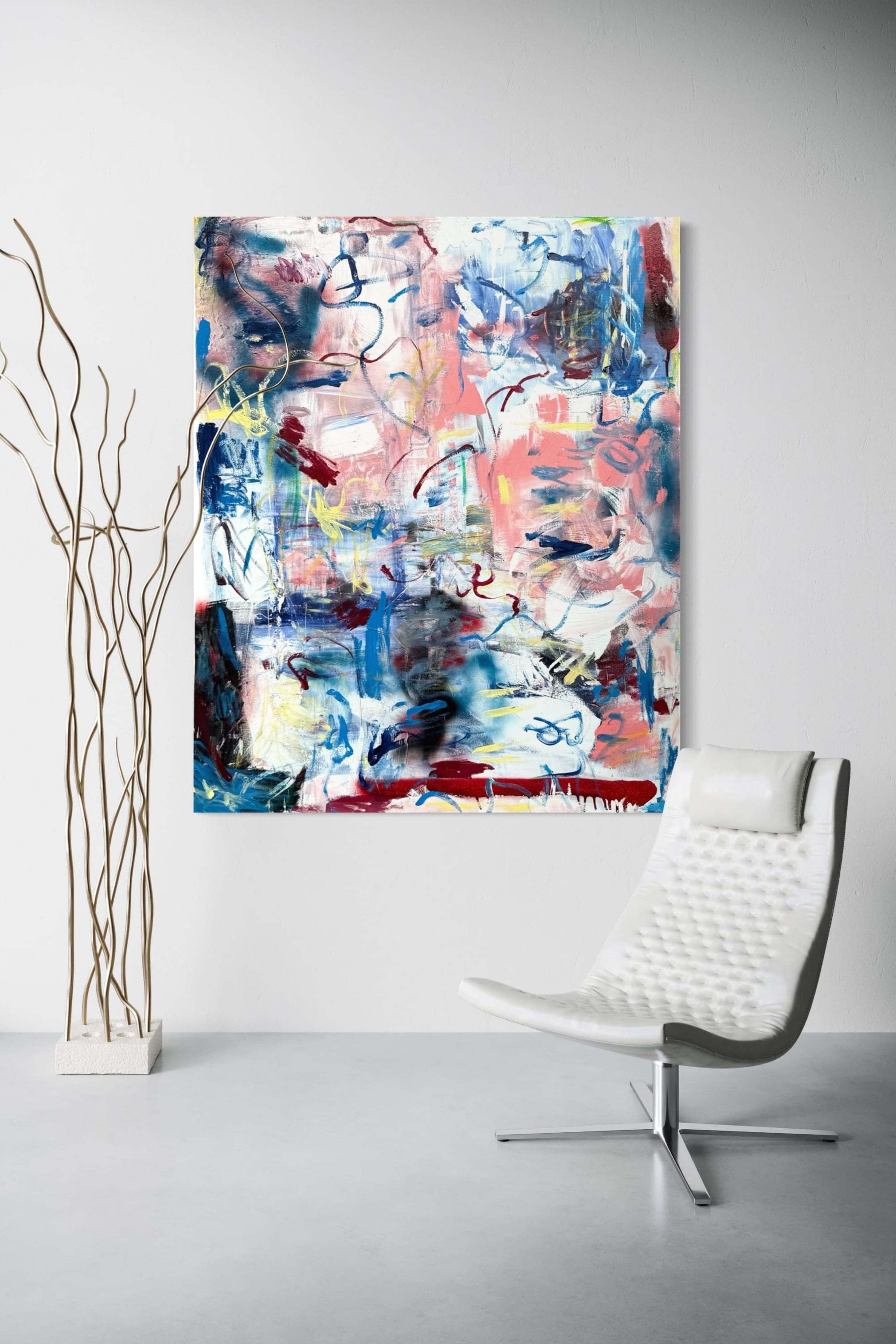 Expressive abstract artwork with vibrant colours in a chic living room, blending modern luxury with artistic expression