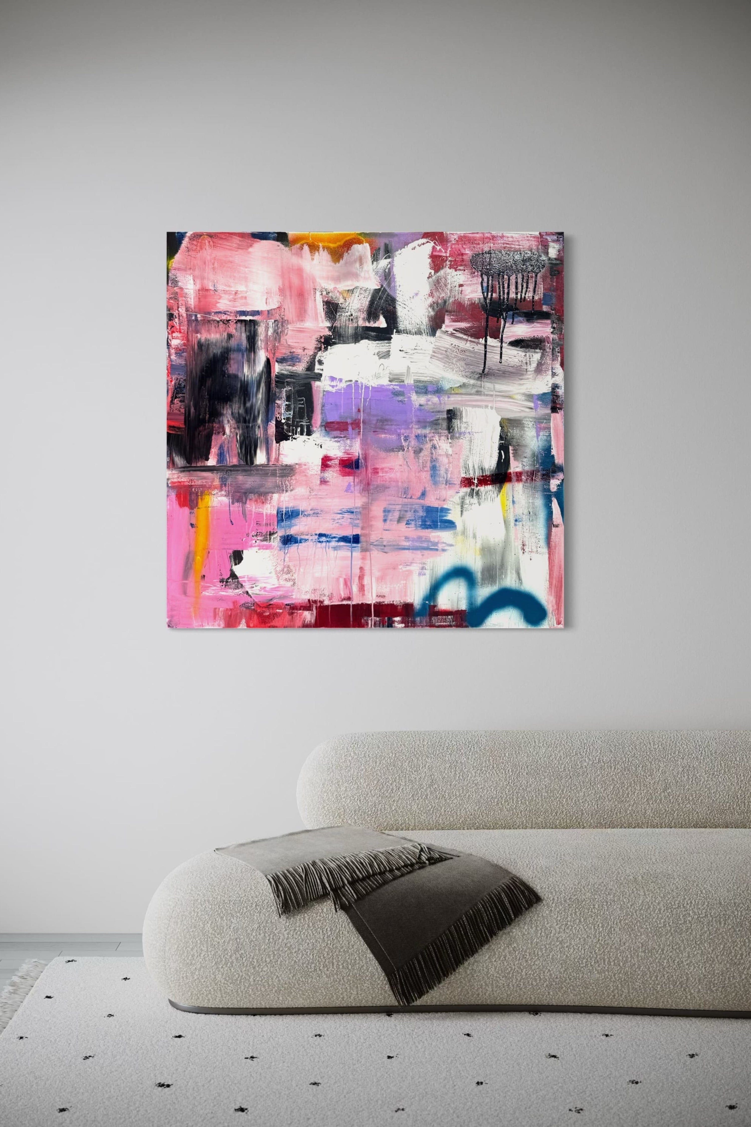 Bold and vibrant abstract expressionist art in a luxurious living room, enhancing the modern, elegant atmosphere