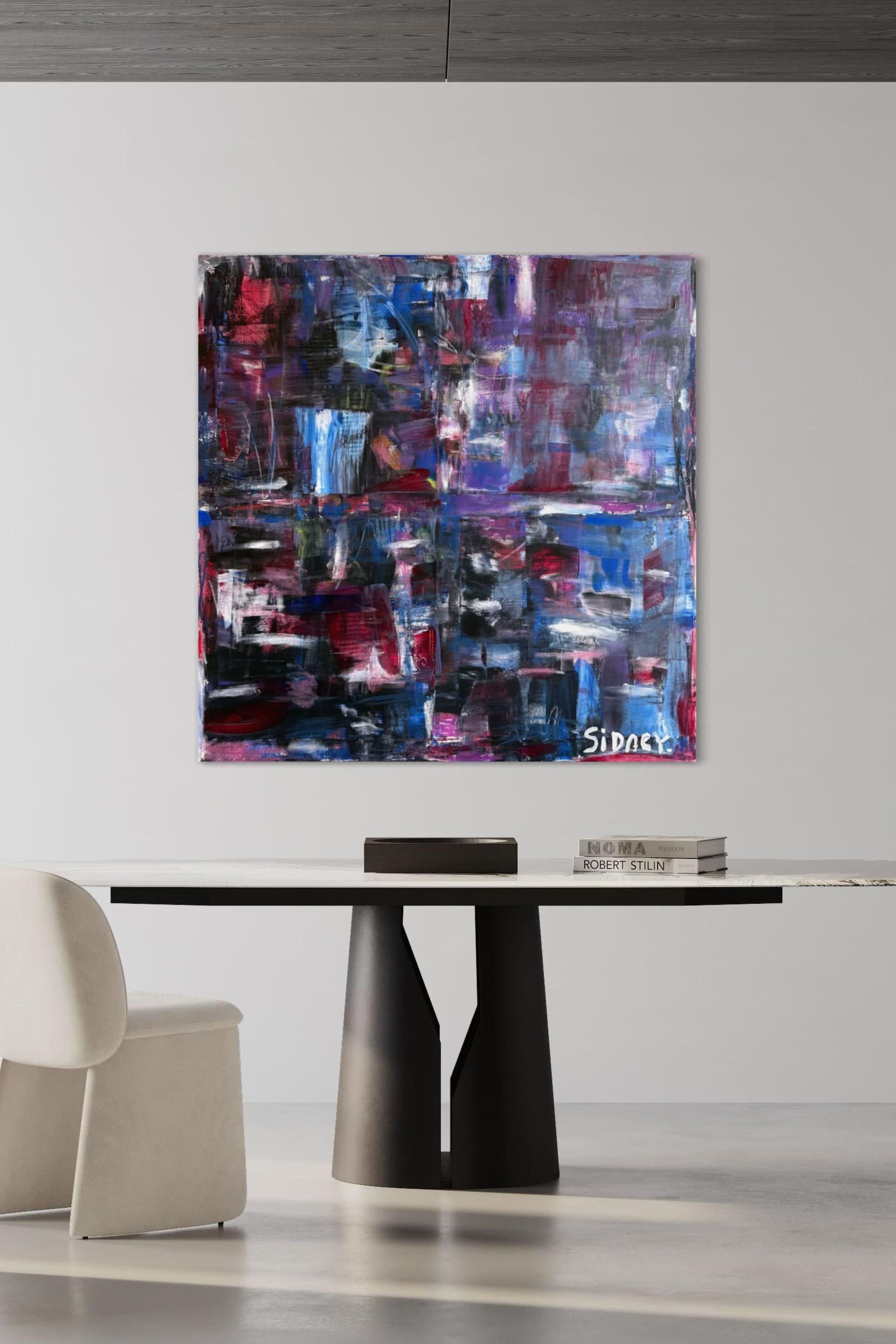 Colourful abstract expressionist art with bold brushstrokes, featured in a contemporary hallway of a high end home.